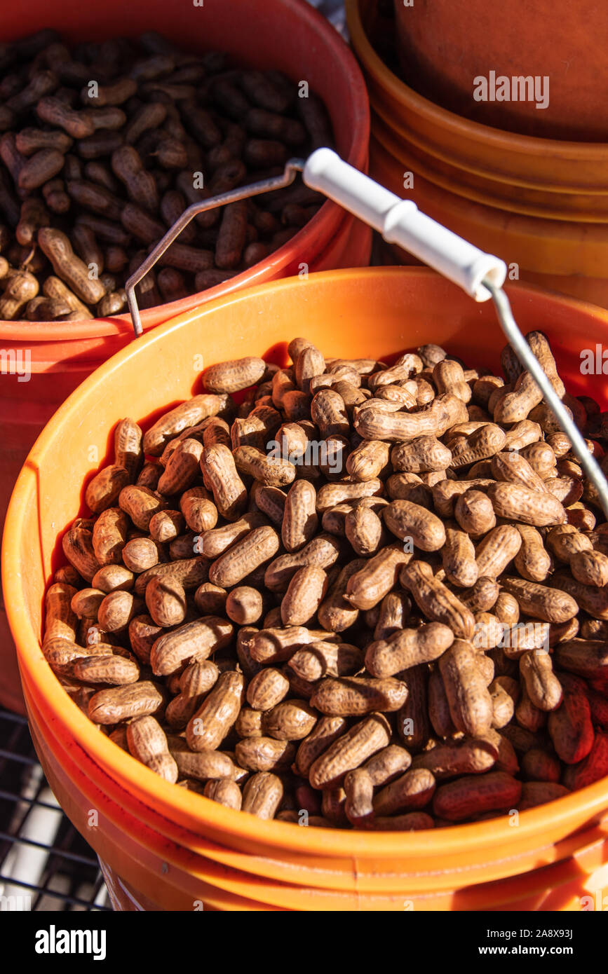 Eimer voller gekochte Erdnüsse an Jaemor Farmen am Straßenrand Markt produzieren in der North Georgia Mountains. (USA) Stockfoto