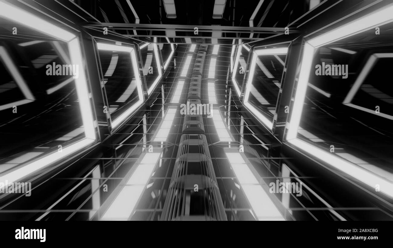 Futuristische glühende scifi Science-fiction-gläsernen Tunnel 3d-Abbildung: Hintergrund Tapete, Stockfoto