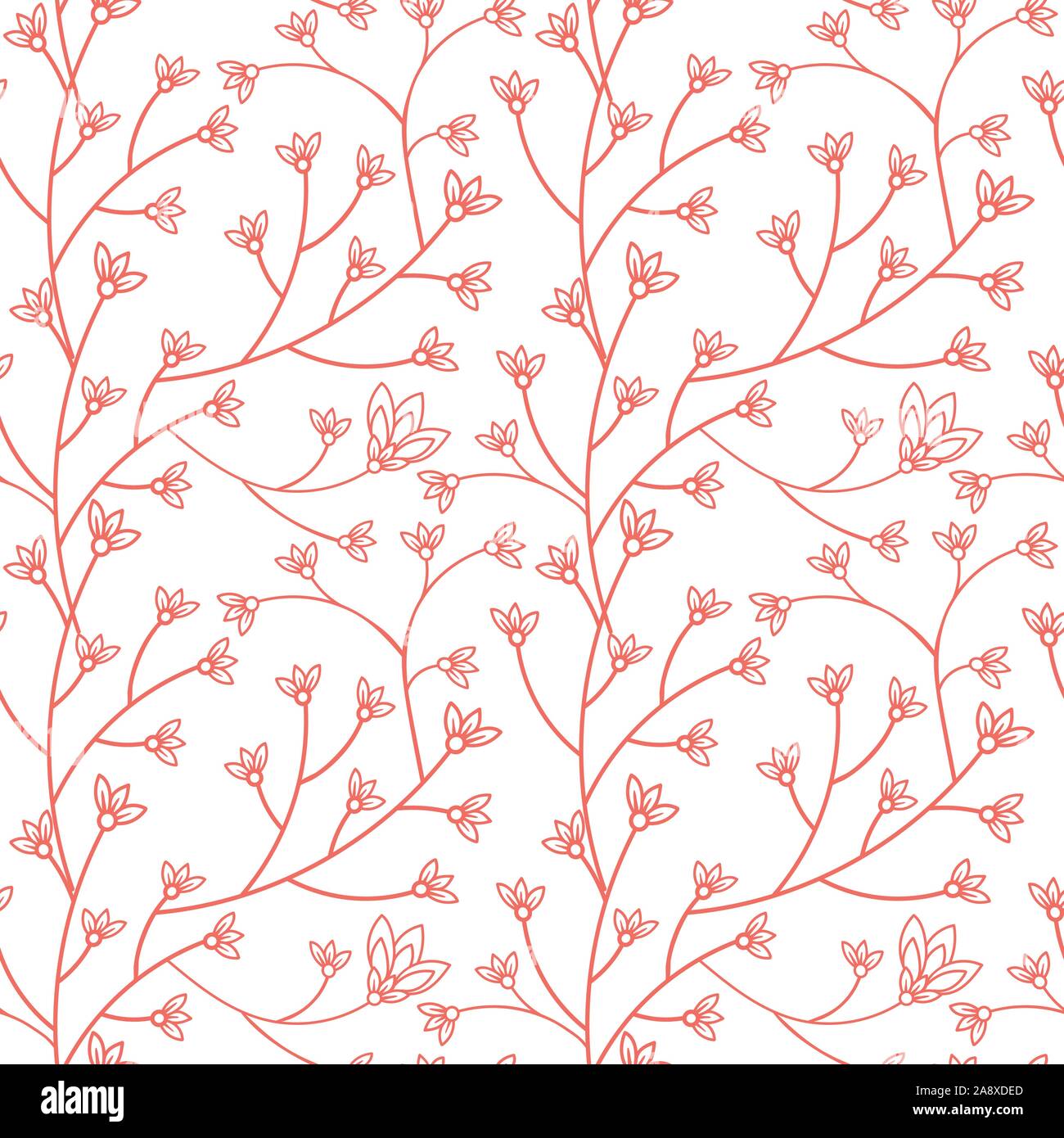 Nahtlose Muster Floral Design. Zweig mit kleinen Blüten und Blätter. Hand gezeichnet doodle Blumen. Farbpalette lebende Koralle. Vector Illustration. Stock Vektor
