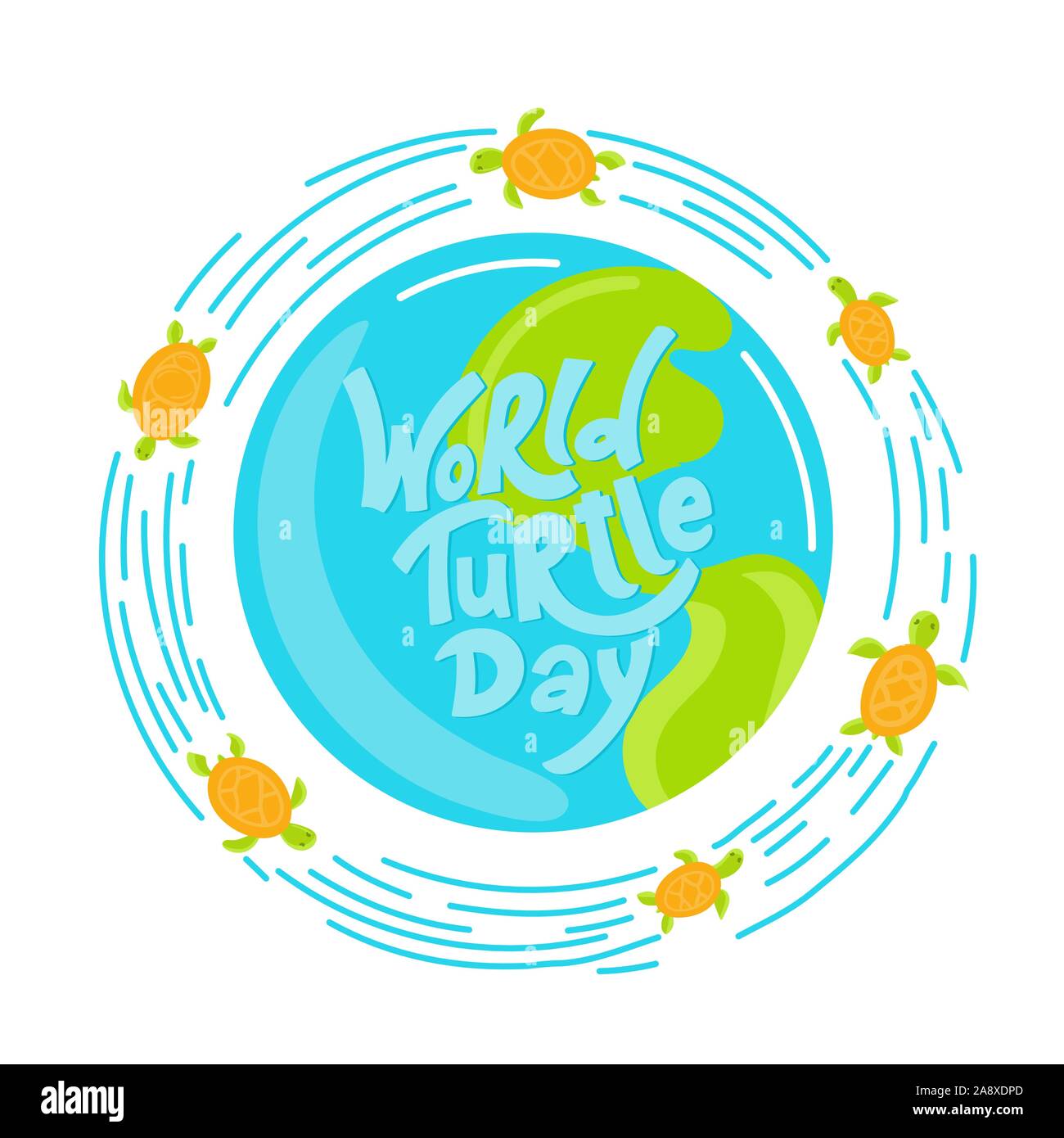 Welt Turtle Tag 23. Mai Hintergrund. Schriftzug mit Hand gezeichnete Elemente. Moderne doodle Stil. Vector Illustration. Stock Vektor
