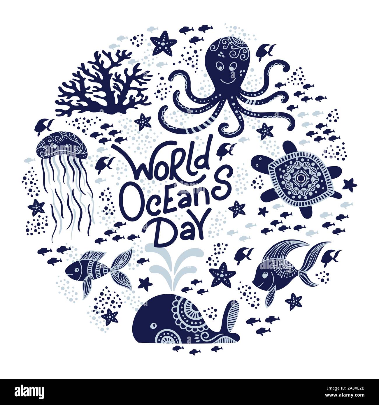 Welttag der Ozeane. Meer Tiere. Cute Qualle, Wal, Kraken, Seesterne, Schildkröten und handgezeichneten Schriftzug. Vector Illustration in doodle Stil. Ozean Konzept Schützen Stock Vektor