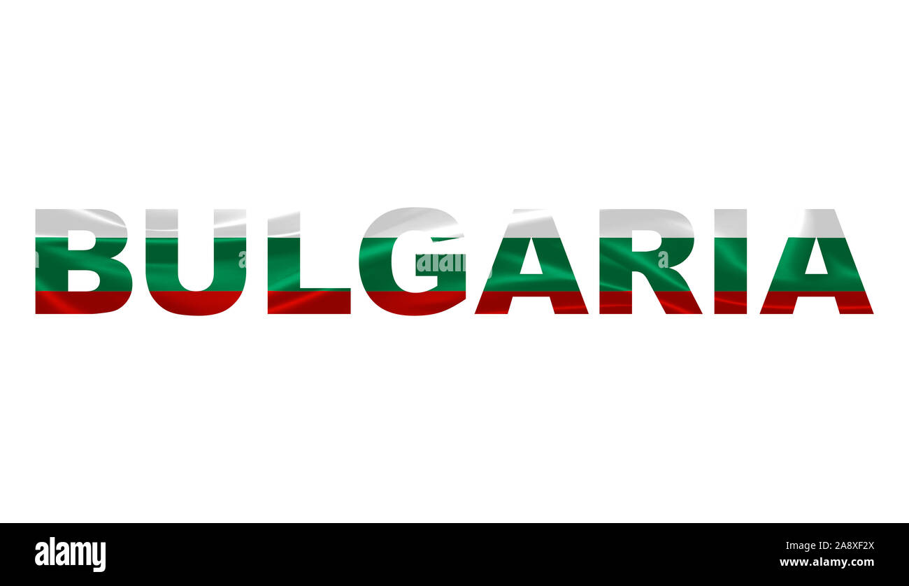 "Bulgarien" Schriftzug Kunst über die bulgarische Flagge. Stockfoto