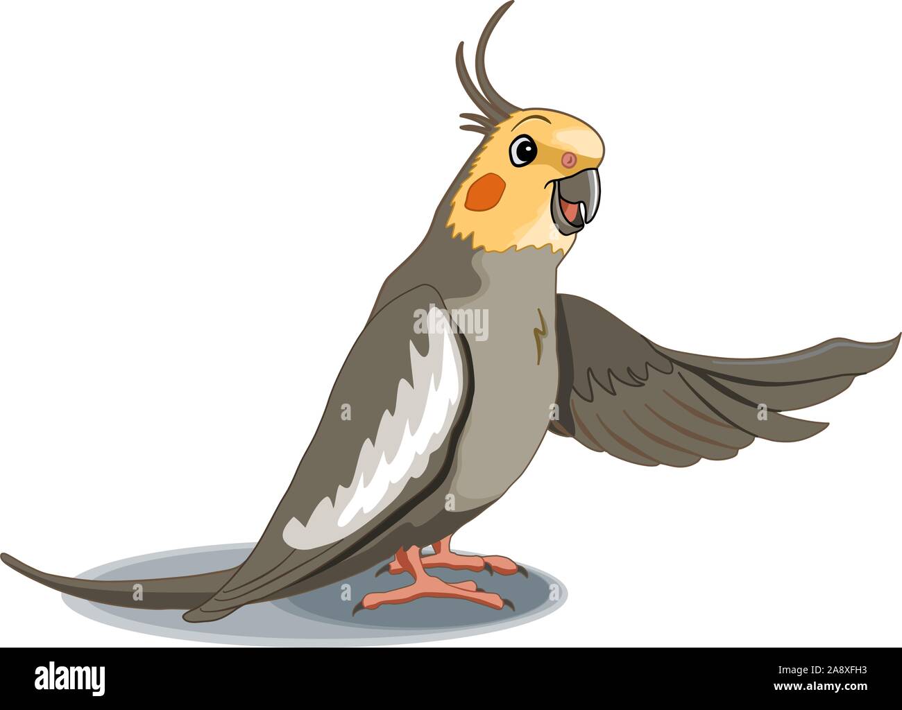 Cartoon lächelnd Nymphensittich zeigt mit seinem Flügel. Vector Illustration Stock Vektor