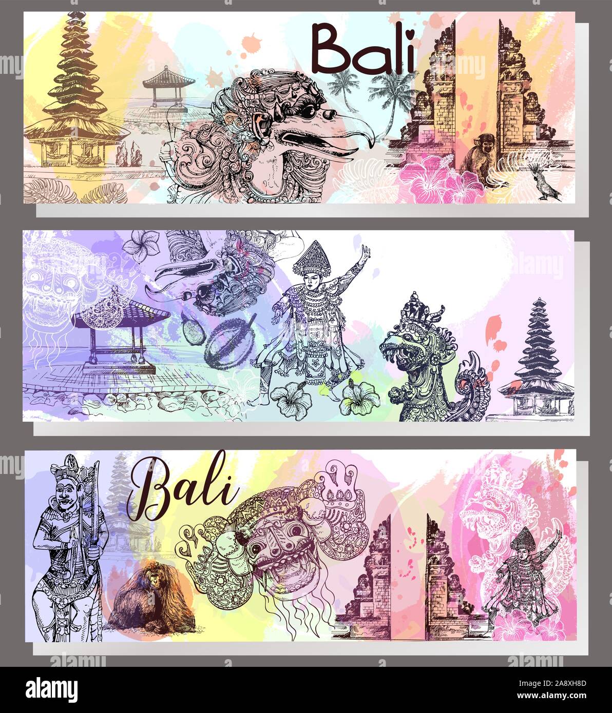 Eingestellt von poster Karte Kompositionen von Hand gezeichnete Skizze stil Bali thematische Objekte. Isolierte Vector Illustration. Stock Vektor