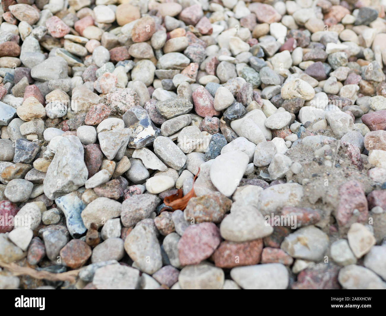 Pebbles Nahaufnahme. Hochwertige Nahaufnahme Foto von verschiedenen Steinen. An einem sonnigen Tag. Trockenmauern Stockfoto