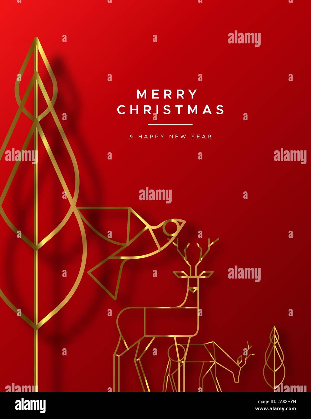 Frohe Weihnachten Frohes Neues Jahr Grußkarte Abbildung: gold Winter Wald Tiere im Art Deco Stil. Festliche rot Urlaub Design beinhaltet reindee Stock Vektor