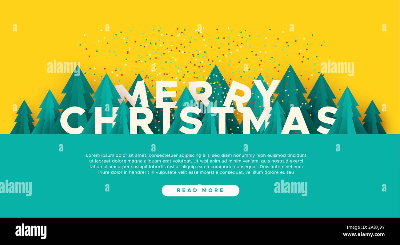 Frohe Weihnachten web template Abbildung mit 3d-Papier geschnitten Pine Tree und festliche Konfetti. Cute Winter wald landschaft für die Landing Page oder auf Stock Vektor