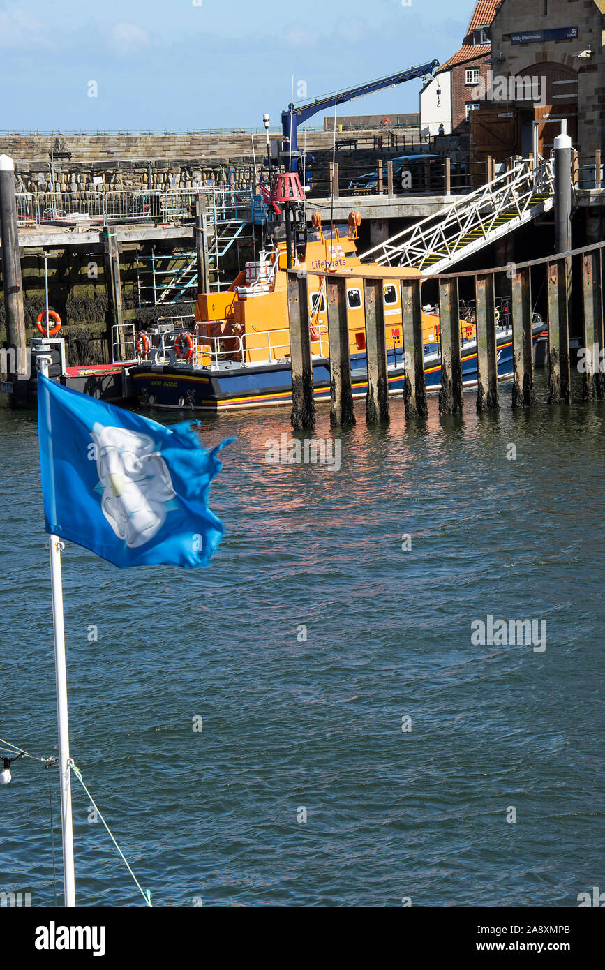 Die RNLI Trent Klasse Rettungsboot George und Mary Webb Angedockt an das Rettungsboot Bahnhofquai in den Fluss Esk whitby, North Yorkshire England Großbritannien Stockfoto