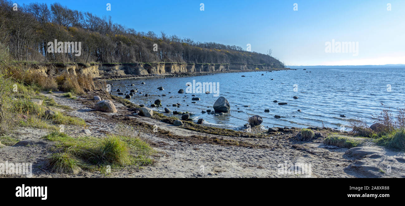 Erodiert Steilküste steilküste an der Westküste der Bucht der deutschen Insel Poel mit Wald und einem steinigen Sandstrand der Ostsee auf einem sonnigen d Stockfoto