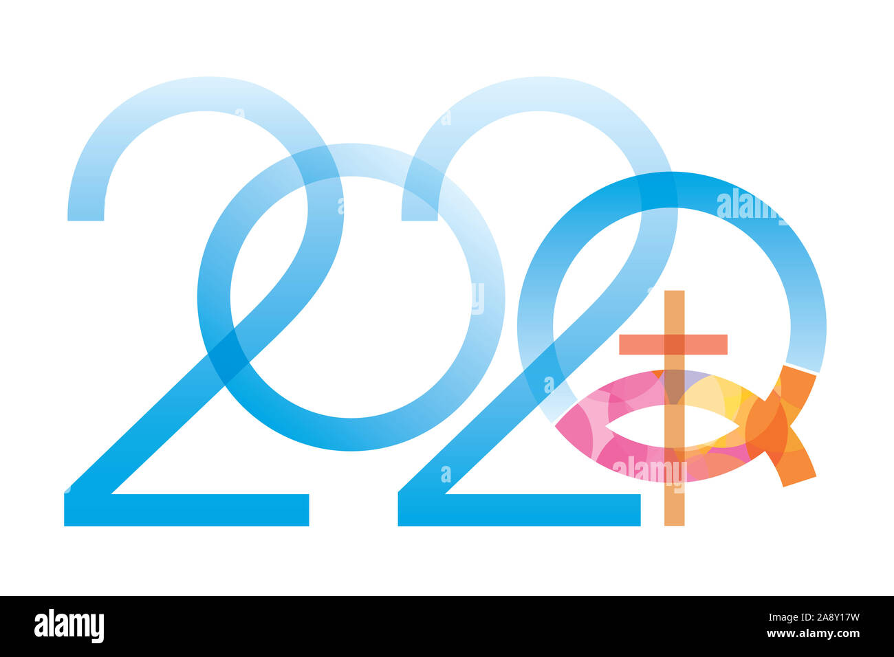 Jesus Fish Symbol für das neue Jahr. 2020 Neue Jahr mit Jesus fisch Symbol mit Kreuz. Auf weissem Hintergrund. Stockfoto
