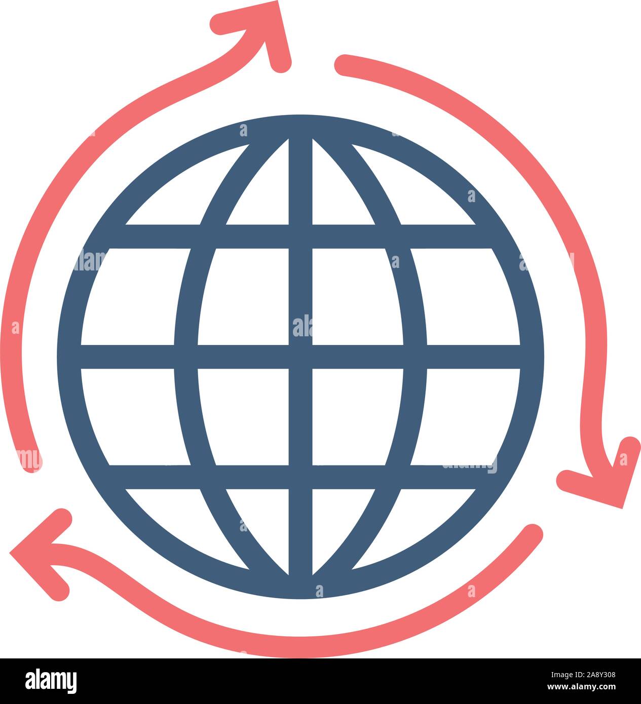 Earth Globus planet Symbol mit drei Pfeilen um. Vektor Illustration auf weißem Hintergrund. Stock Vektor