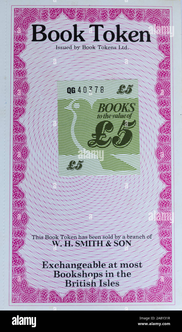 Altmodisches buch Token im Wert von 5 £ (Pfund Sterling) durch W H Smith & Sohn in den meisten Buchhandlungen einlösbar auf den britischen Inseln verkauft. Stockfoto