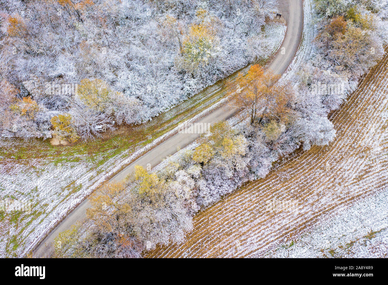 Windige Schotterpiste durch den Wald und abgeernteten Maisfeld Entstaubt von frühen Schnee, Luftaufnahme von Honey Creek Conservation Area in Western Missouri Stockfoto