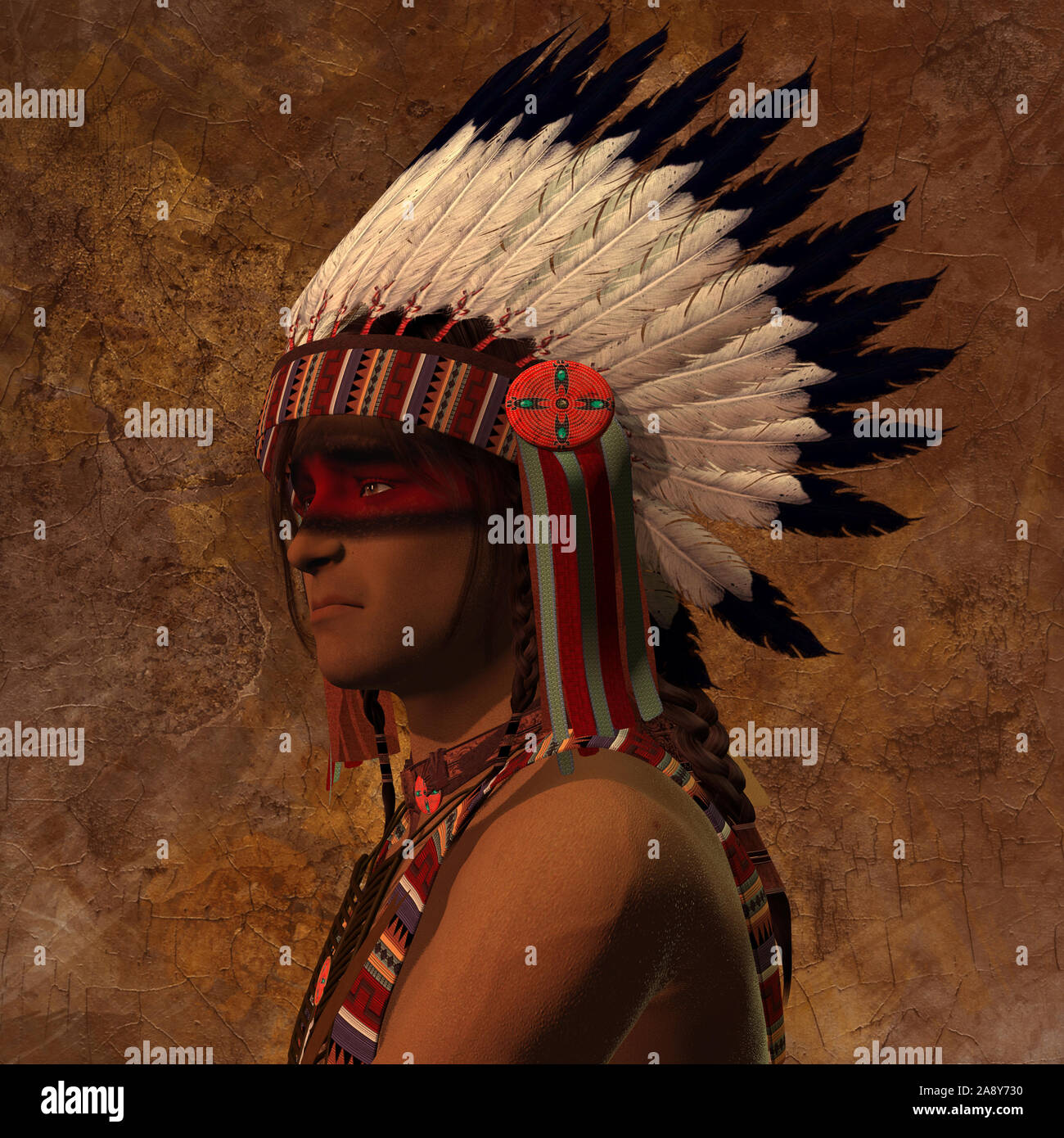Indian Chief Portrait - Die American Indian ist ein Mitglied einer indigenen Zivilisation, war ein Jagen und Sammeln Gruppe von Menschen. Stockfoto
