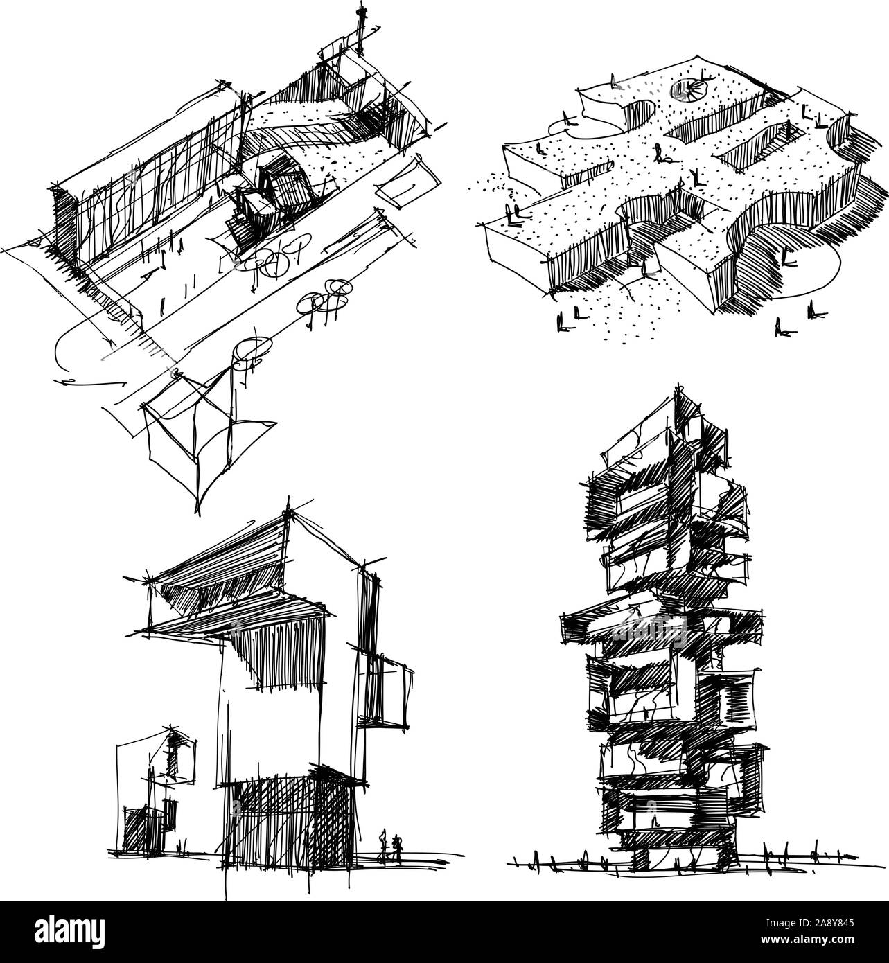 Vier Hand gezeichnet architectectural Skizzen einer modernen abstrakten Architektur mit Menschen um Stock Vektor