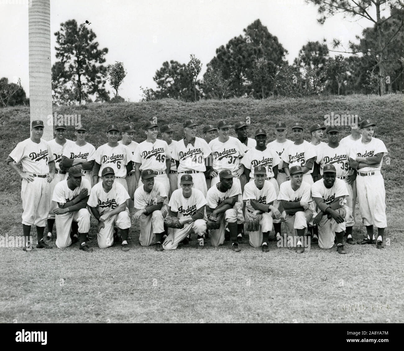 Vintage Schwarz und Weiß team Foto der Brooklyn Schwindler an ihre Frühling Training Website in Vero Beach, Florida, ca. 1950er-Jahre. Stockfoto