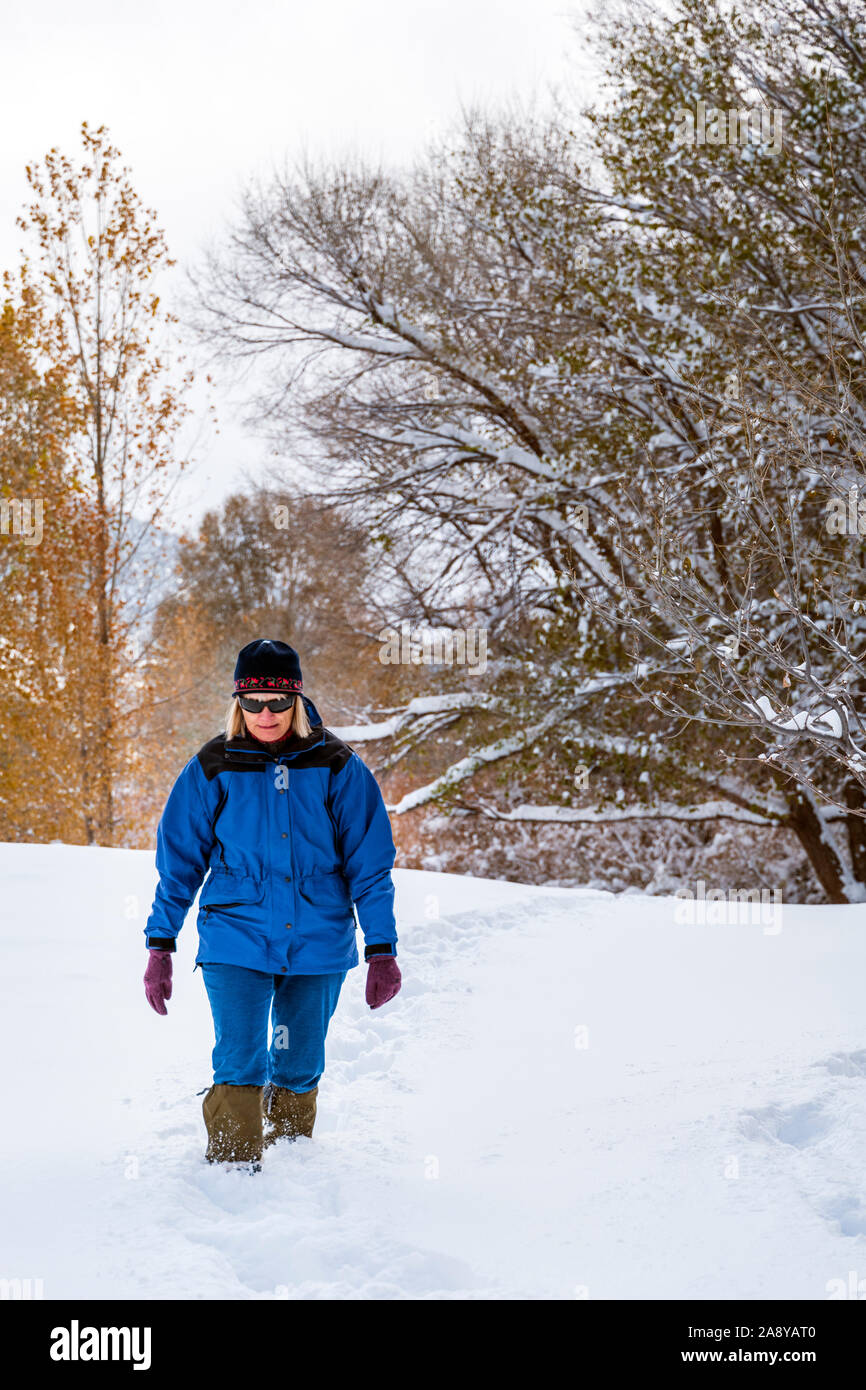 Frau wandern in frischer Schnee am Arkansas River; Salida, Colorado, USA Stockfoto