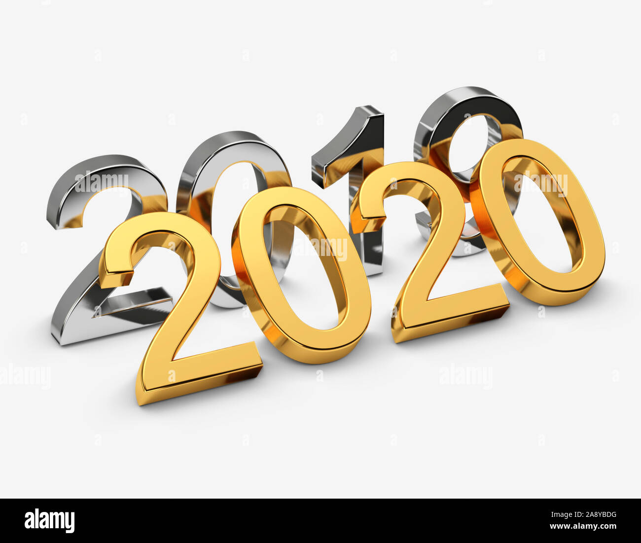 Goldene Zahl der Neuen Jahr 2020 in der Nähe von grauen alten 2019 auf weißem Hintergrund. 3D-Rendering Stockfoto