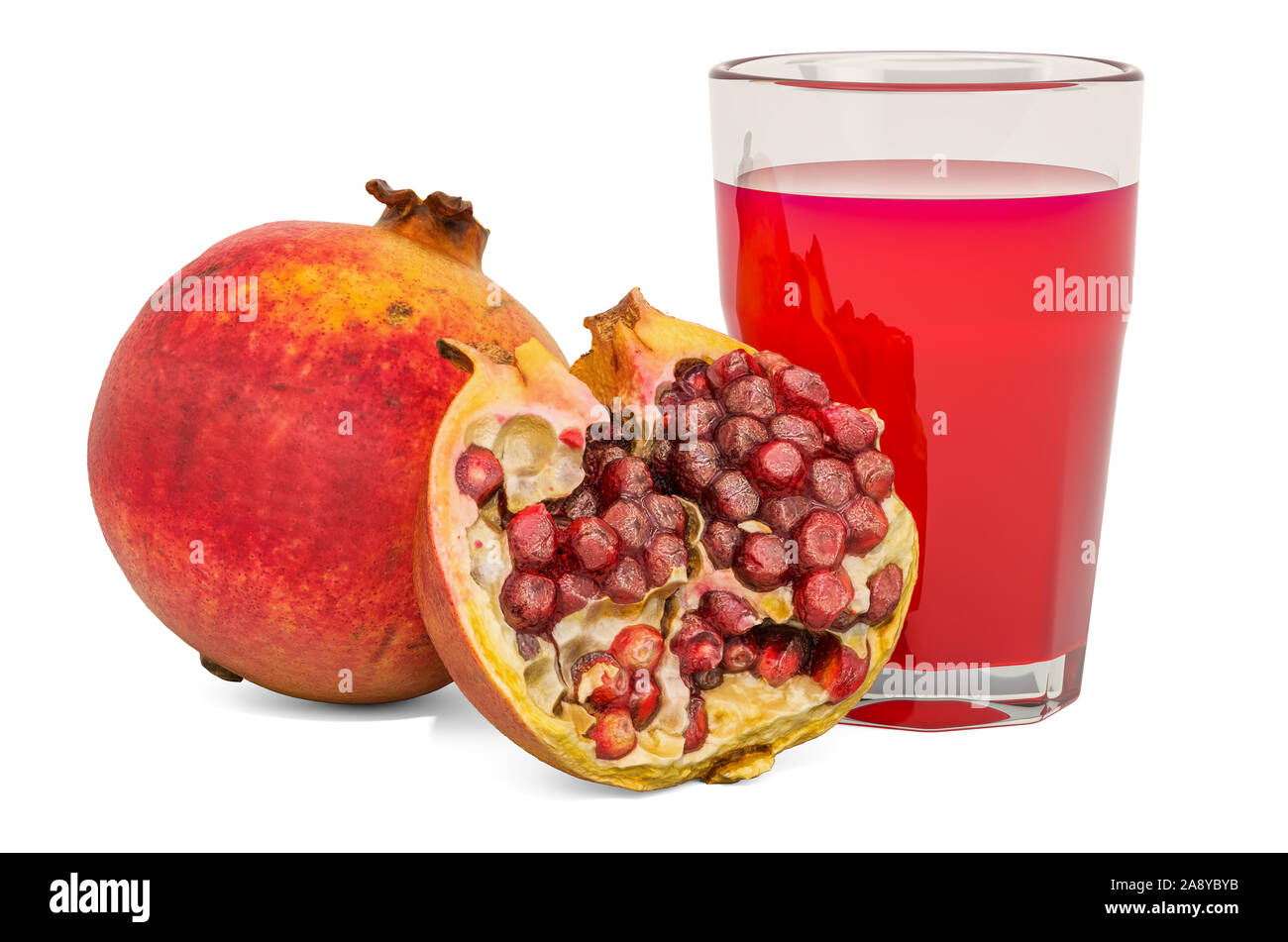 Glas Granatapfelsaft mit Granatäpfel, 3D-Rendering auf weißem Hintergrund Stockfoto