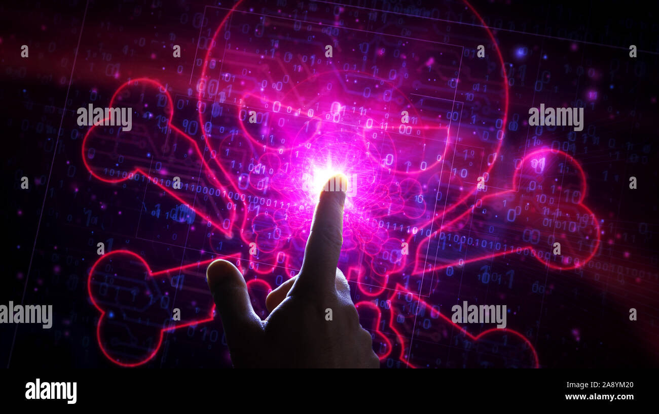 Cyberkriminalität mit Totenkopf Symbol futuristische Hologramm 3D Rendering Illustration. Abstrakte Digitale Konzept von DARKNET, Internetsicherheit, Cyber Attack und Pi Stockfoto