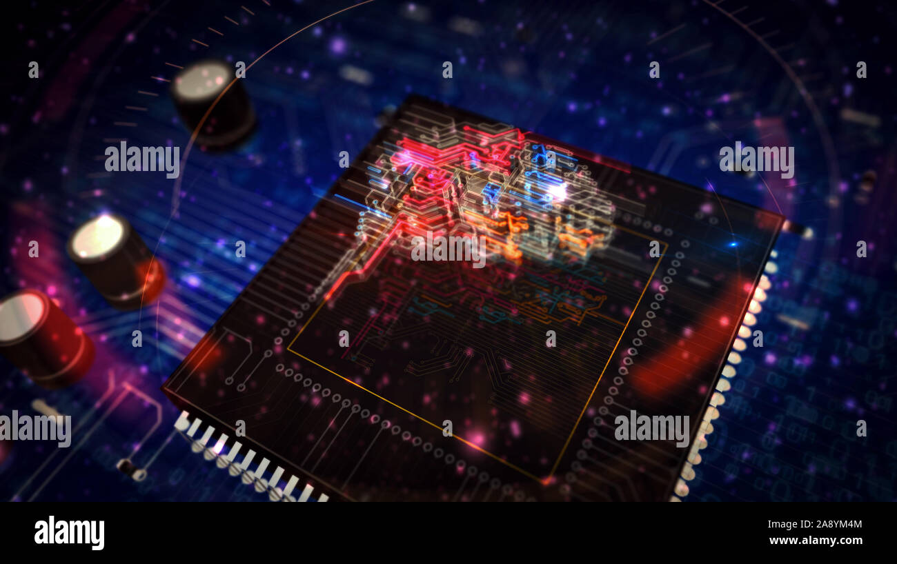 Machine Learning futuristische 3D Rendering Illustration. Konzept der kybernetischen Gehirn, künstliche Intelligenz und Computer tief erfahren. Abstrakte Digitale Stockfoto