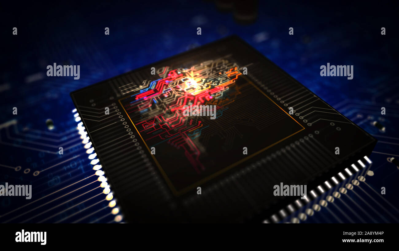 Machine Learning futuristische 3D Rendering Illustration. Konzept der kybernetischen Gehirn, künstliche Intelligenz und Computer tief erfahren. Abstrakte Digitale Stockfoto