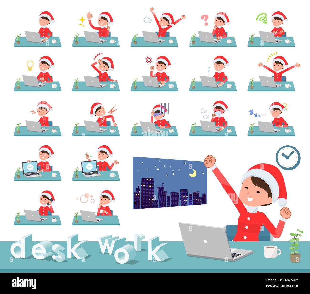 Eine Reihe von Santa Claus kostüm Frauen am Schreibtisch arbeiten. Es gibt verschiedene Aktionen wie Gefühle und Müdigkeit. Es ist Vektor Kunst so ist es leicht zu bearbeiten. Stock Vektor