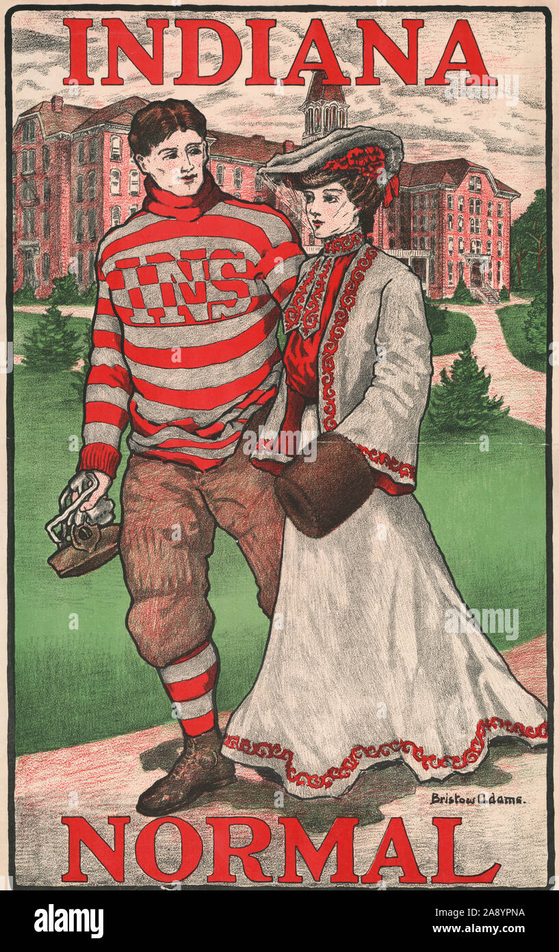 Indiana normal. Werbeanzeige Poster, Fußballspieler und junge Frau zu Fuß auf dem Campus. 1902 Stockfoto