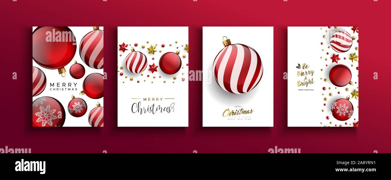 Frohe Weihnachten Grußkarte rot 3d Ferienwohnung christbaumkugel Kugeln mit goldenen Sternen und Perlen. Elegante goldene Verzierungen in dynamischen Fallen für Pa Stock Vektor