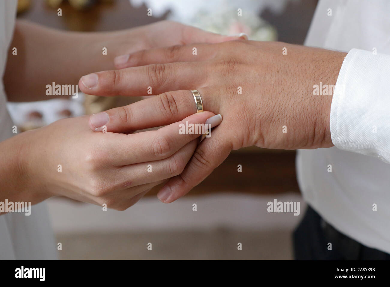 Hände zusammen den Austausch von Trauringe - Pflegt die Hände verbunden mit Hochzeit Ringe - Goldene Hochzeit Ringe Stockfoto