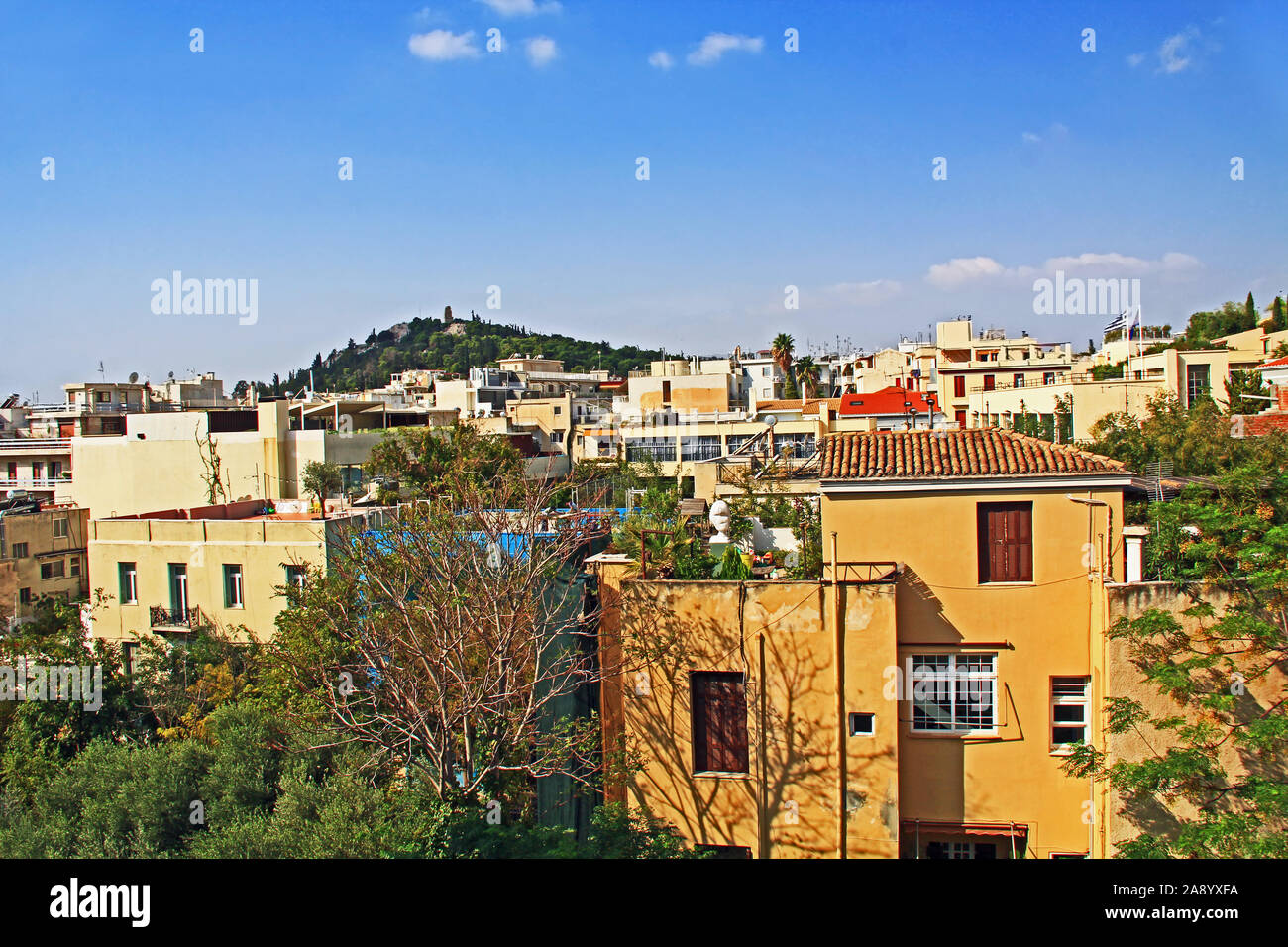 Anzeigen von Philopappos Denkmal und der Stadt Athen, Griechenland Stockfoto