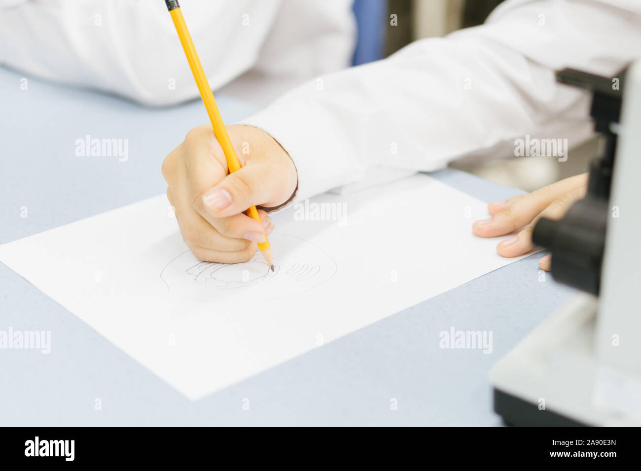 Student hand Bleistift notieren Hinweis in der Klasse Stockfoto