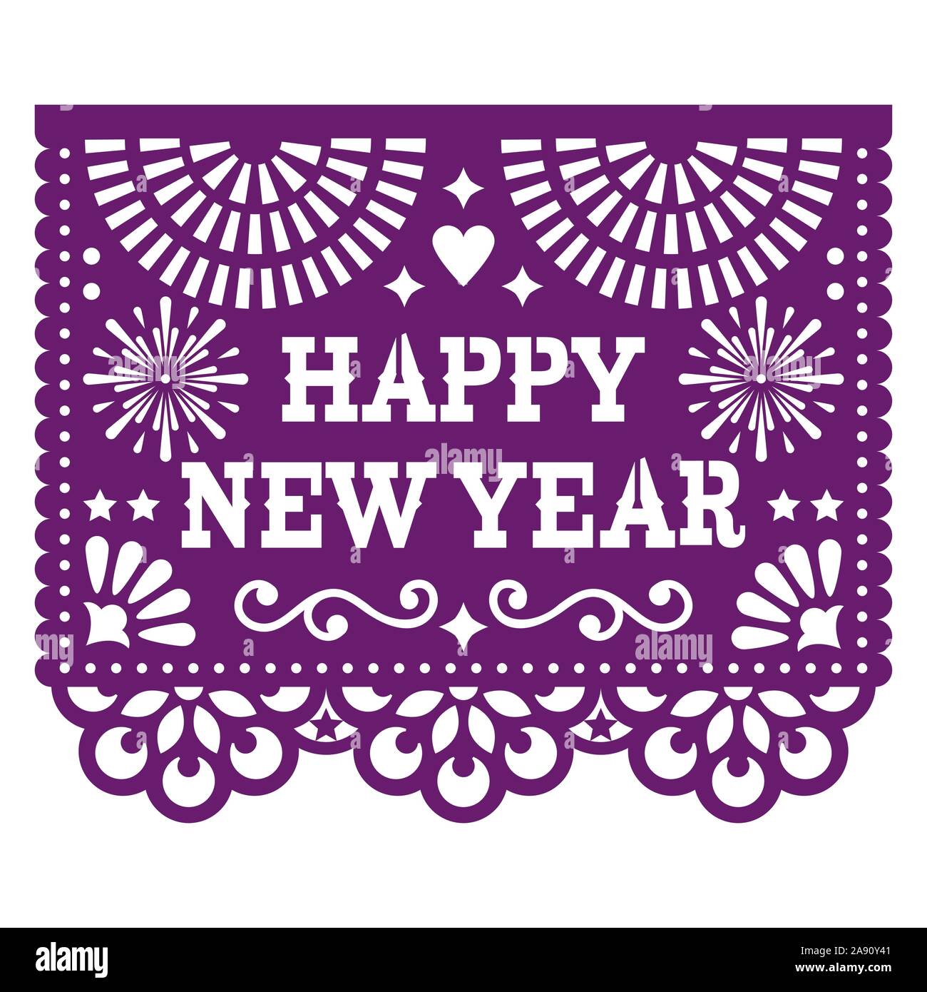 Frohes Neues Jahr Papel Picado vektor design mit, mexikanische Papier ausgeschnitten purple Grußkarte auf Weiß Stock Vektor
