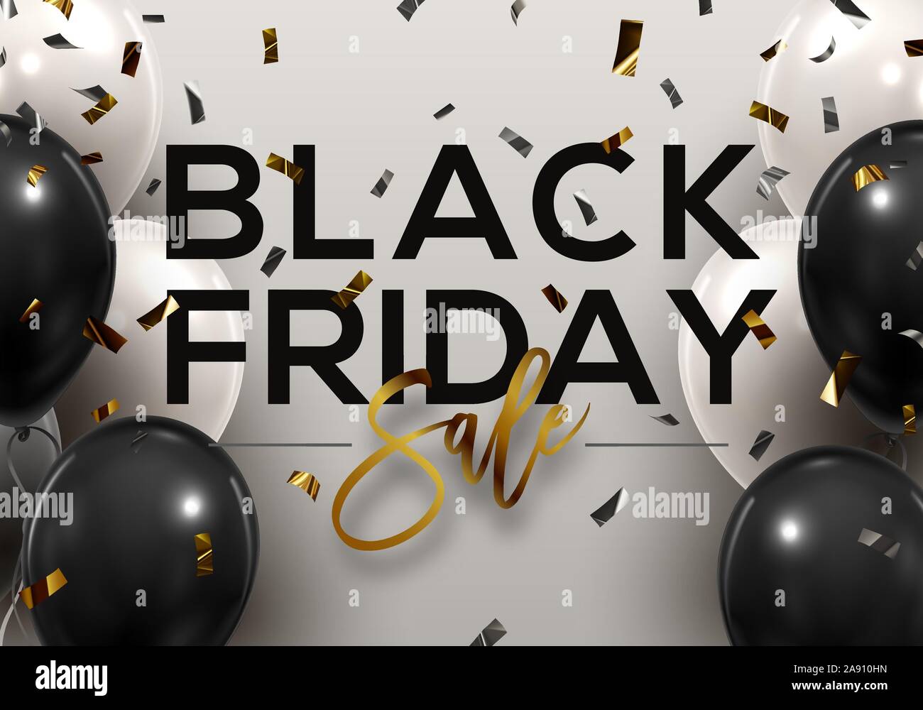 Schwarzer Freitag Hintergrund. Schwarze Luftballons, Konfetti und Typografie. Stock Vektor