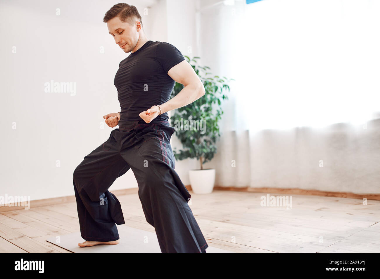 Der Mensch ist im Karate in Halle gegen den Hintergrund der grüne Pflanze tagsüber eingeschaltet Stockfoto