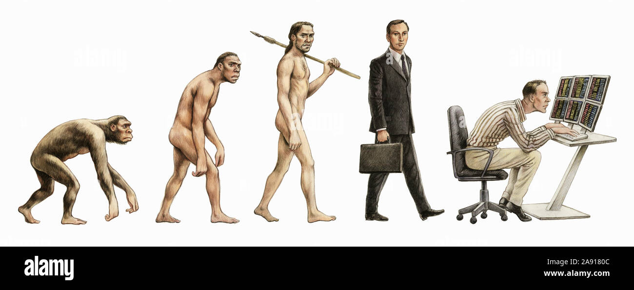 Evolution Phasen der Mann vom Gehen auf allen Vieren zurück zu gebogen über Computer Stockfoto
