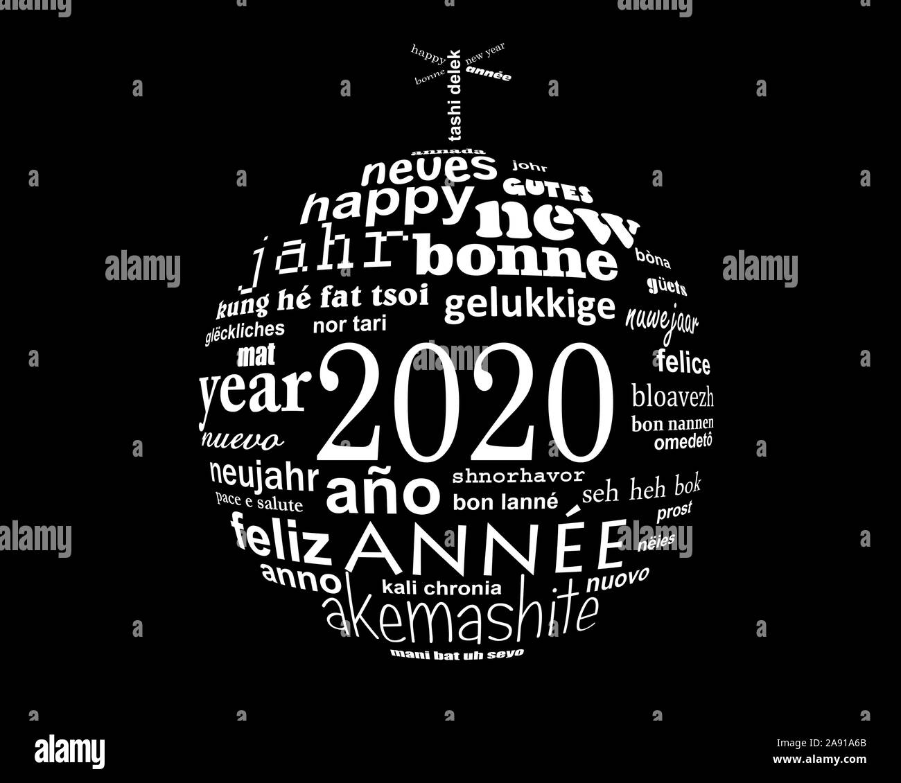 2020 Neue Jahr schwarze und weiße mehrsprachiger Text word cloud Grußkarte in der Form eines christmas ball Stockfoto