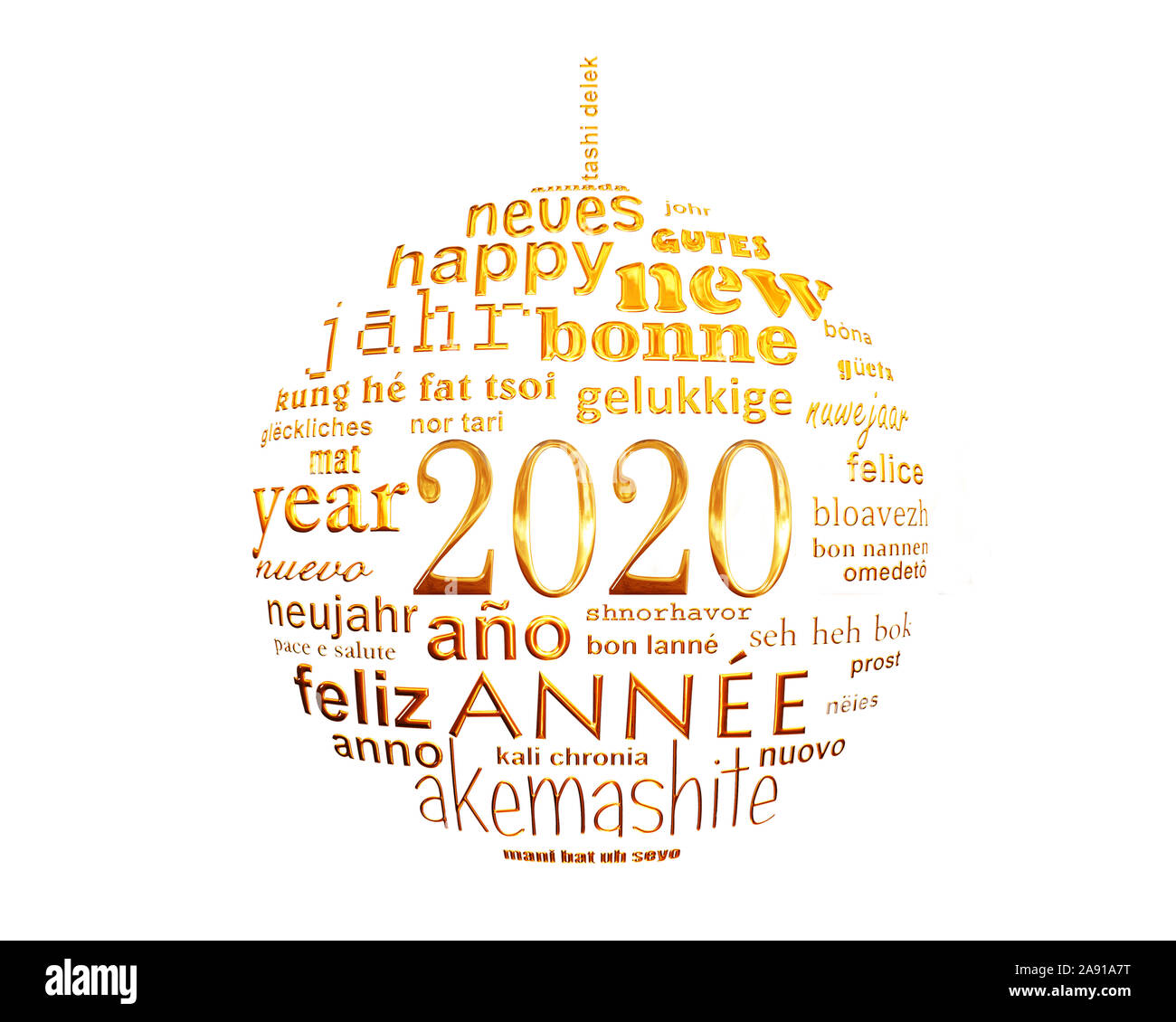 2020 Neue Jahr weiß und gold mehrsprachiger Text word cloud Grußkarte in der Form eines christmas ball Stockfoto