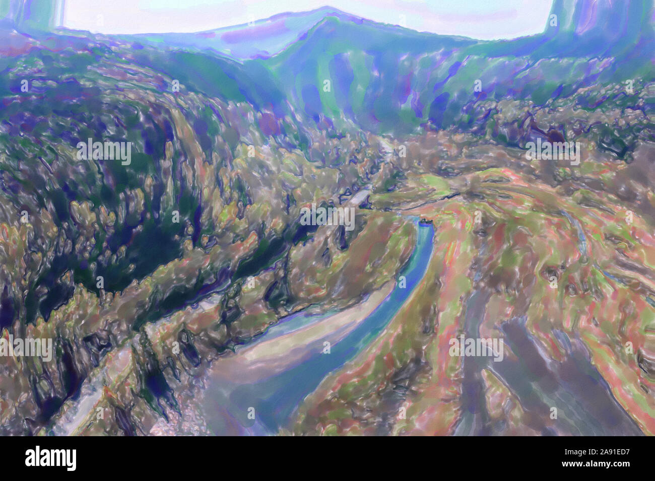 Aquarell Abbildung: Luftbild der Einlass der ein Damm mit der flachwasserzone, Drone Stockfoto