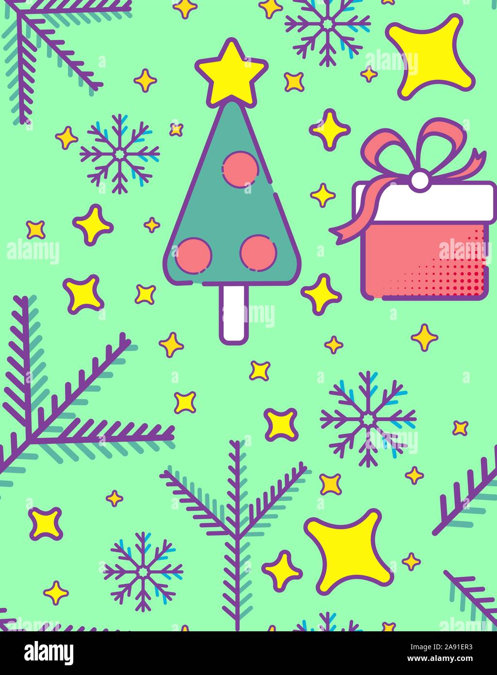 Weihnachtsschmuck Umrisse Vektor nahtlose Muster. Christmas tree branch, Geschenk mit Schleife, Sterne, Schneeflocken. Winter Urlaub, Neues Jahr Stock Vektor