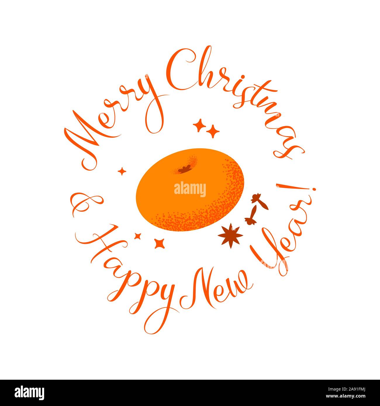 Frohe Weihnachten Grußkarten mit Gruß Schriftzug und glückliches neues Jahr. Lecker saftigen Tangerine desegn Element, in flachen Lärm Stil. Stock Vektor