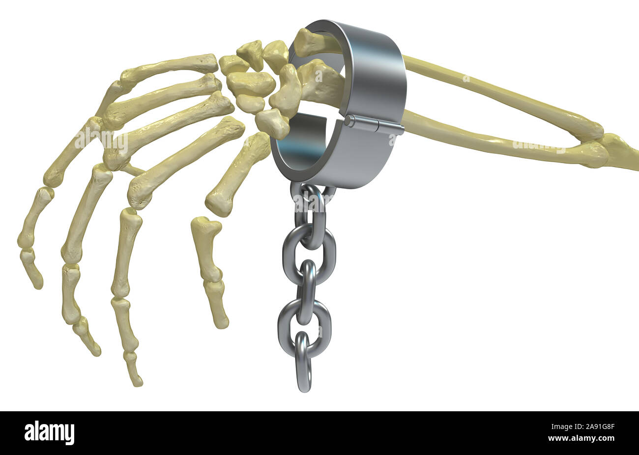 Skelett arm Knochen Metallbügel, 3D-Darstellung, horizontal, über Schwarz, isoliert Stockfoto