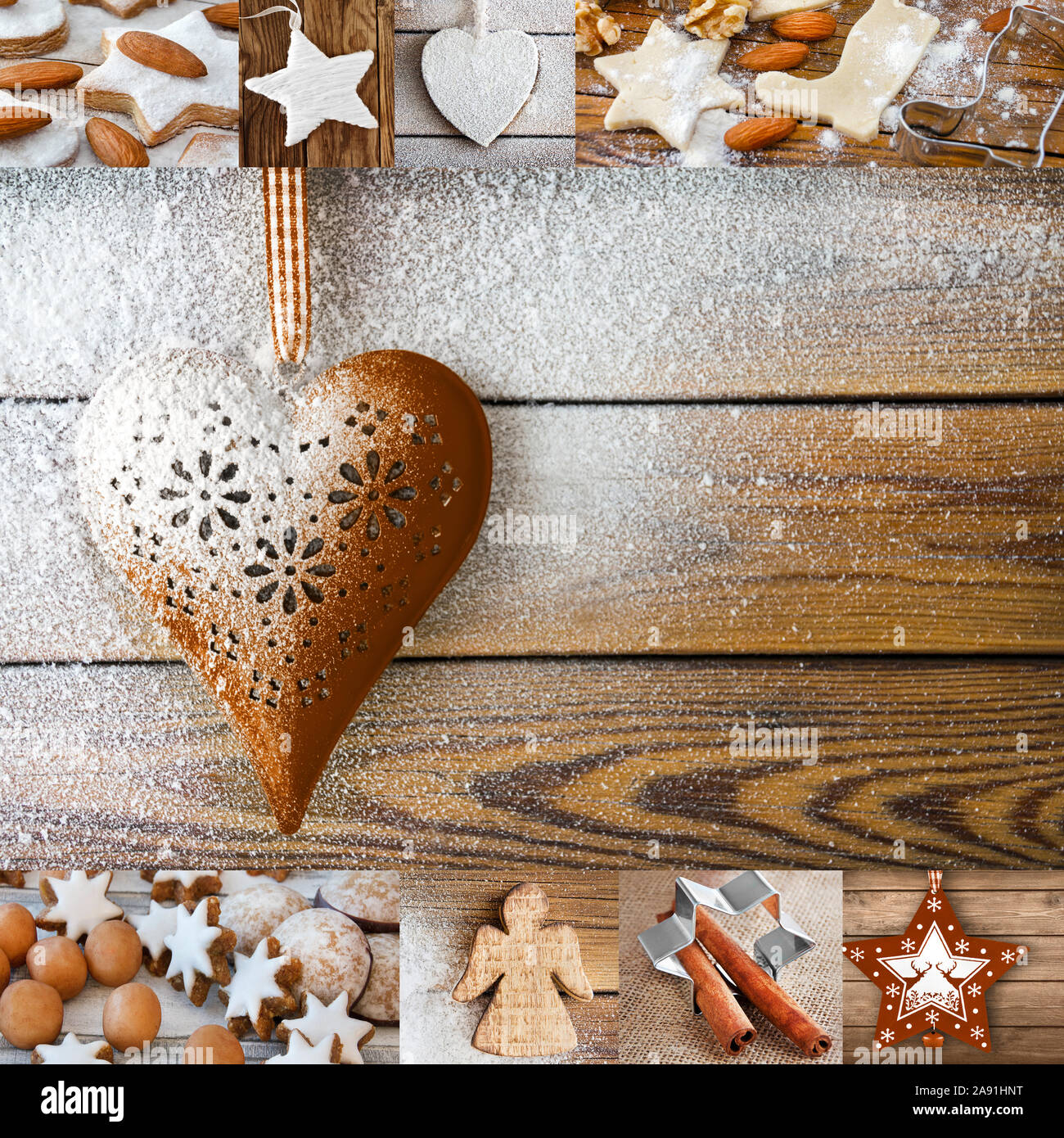 Weihnachtsdekoration und essen Collage mit Herz Stockfoto