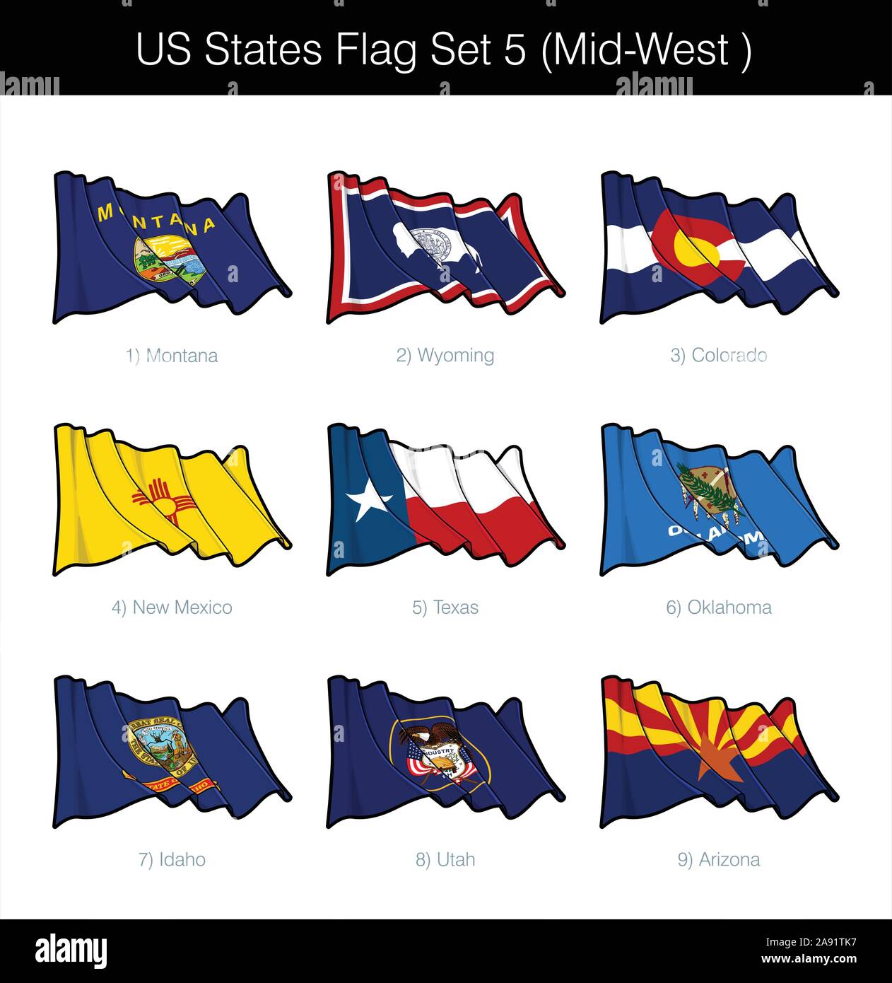 Uns die Vereinigten Staaten Staaten Flag gesetzt. Das Set beinhaltet die wehenden Fahnen von Montana, Wyoming, Colorado, New Mexico, Texas, Oklahoma, Idaho, Utah und Arizona. Ve Stock Vektor