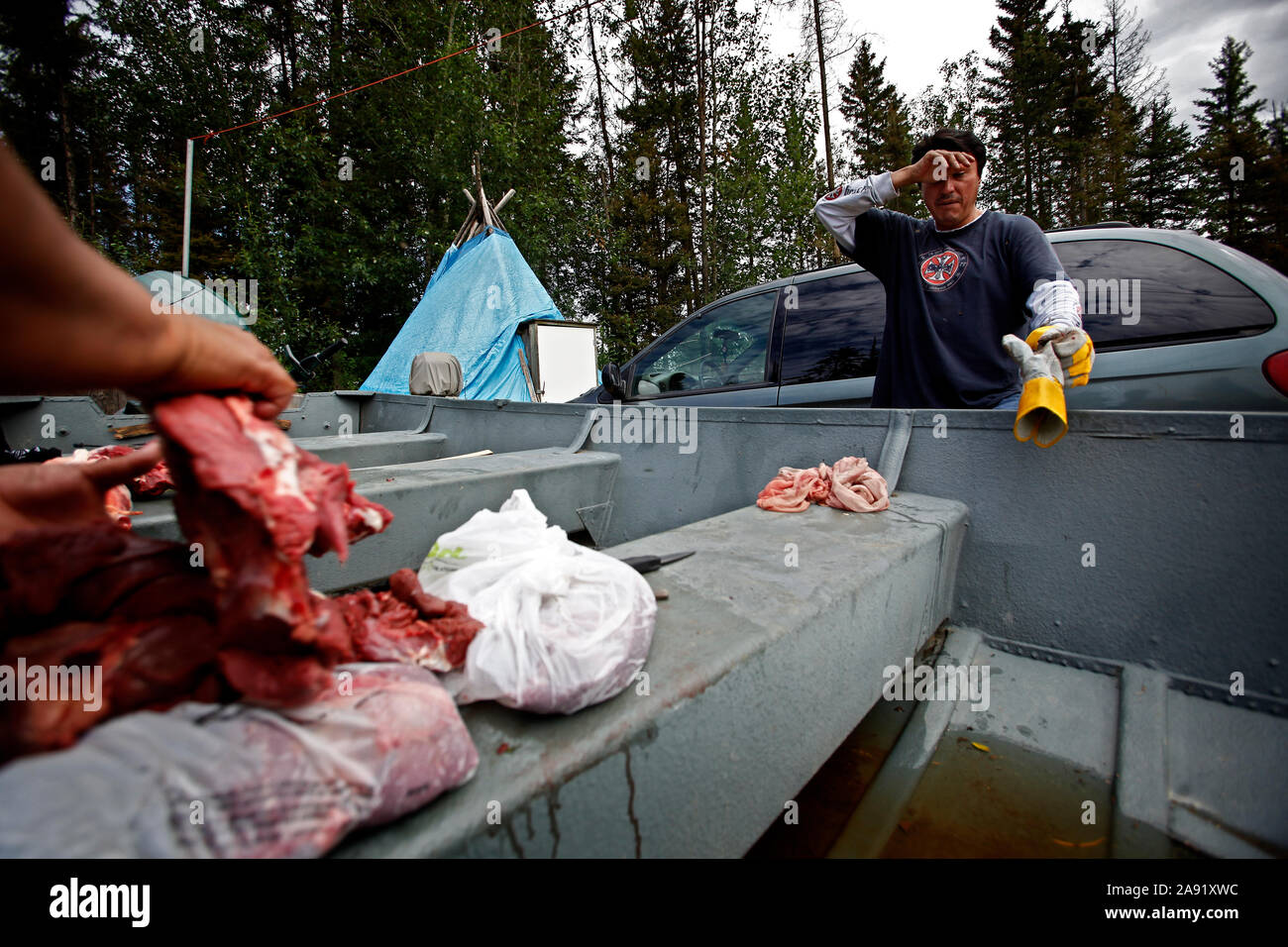 Die chipewyan Band der ersten Nation, lebt in Fort McKay sind über die Umweltauswirkungen, die das sand Unternehmen in ihrer Nachbarschaft zu betreiben besorgt. Dennis LeCorde spricht von twoheaded Fisch in den Athabasca River. Sein Bruder Howard LeCorde Schnitte Fleisch aus einem frisch getöteten Elche. Stockfoto