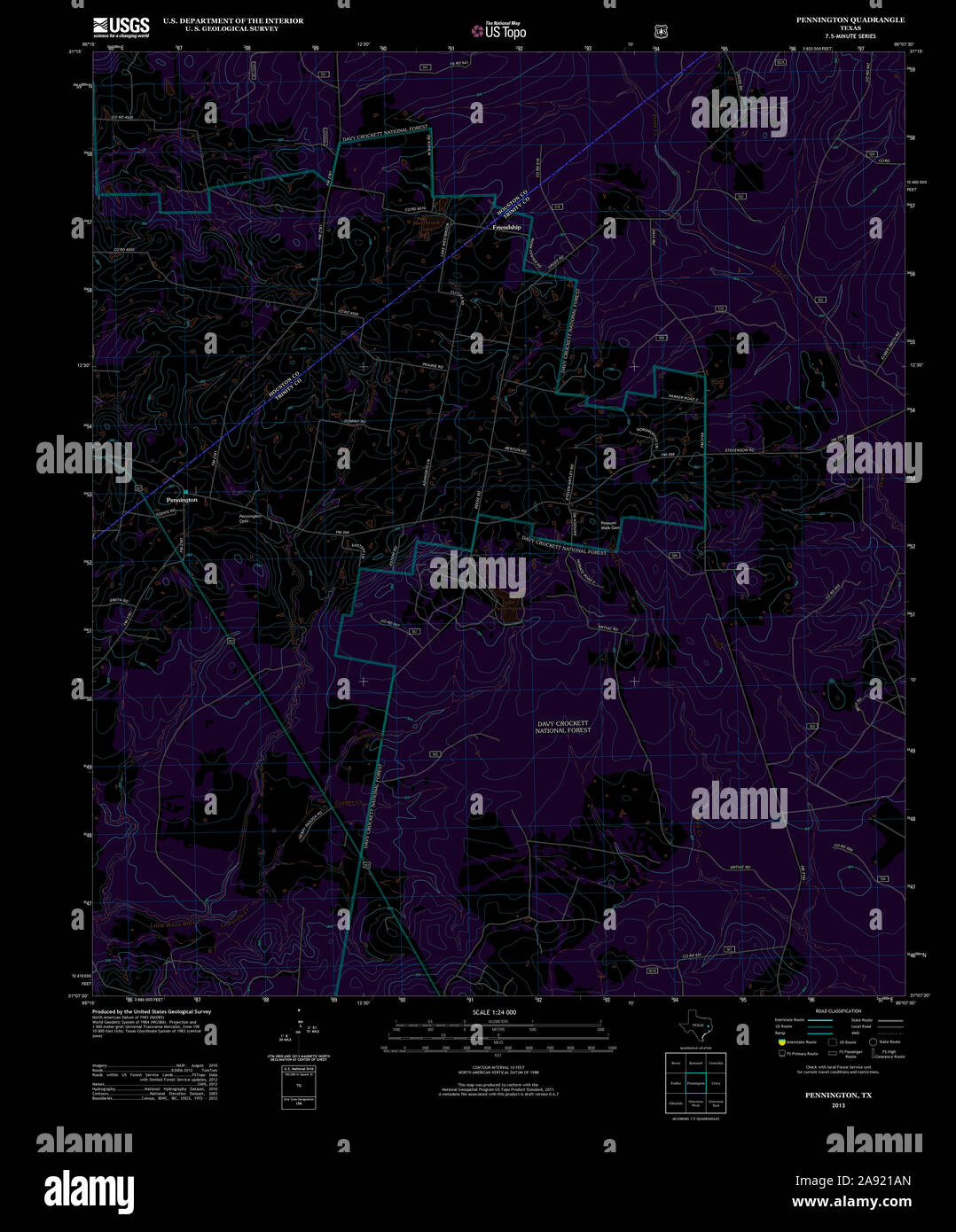 USGS TOPO Karte Texas TX Pennington 20130116 TM invertiert Wiederherstellung Stockfoto