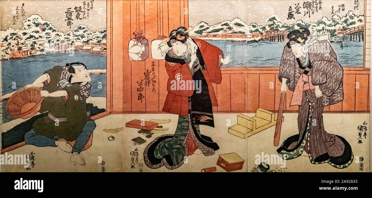 Italien Piemont Turin - mazzonis Palace - Mao Museum (Museo d'Arte Orientale) - Museum für orientalische Kunst - Utagawa Kunisada (1786 - 1864) - Triptychon mit einem Kabuki winter Szene fom Innenraum - Edo Periode C. 1832 Stockfoto