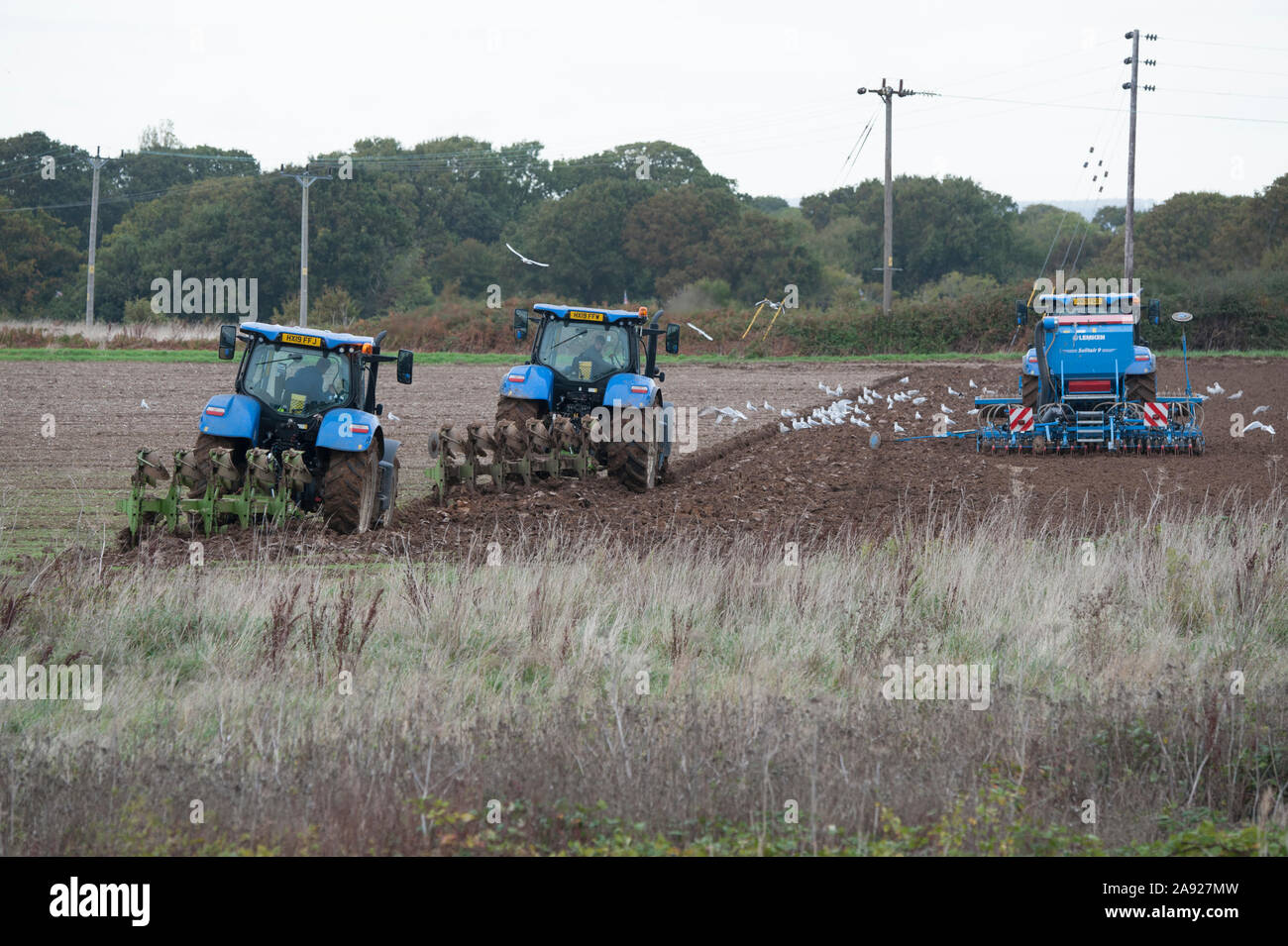 Blau New Holland T7 Traktoren, Pflügen und Säen, der Saatgut in einem Feld auf Hayling Island England Stockfoto