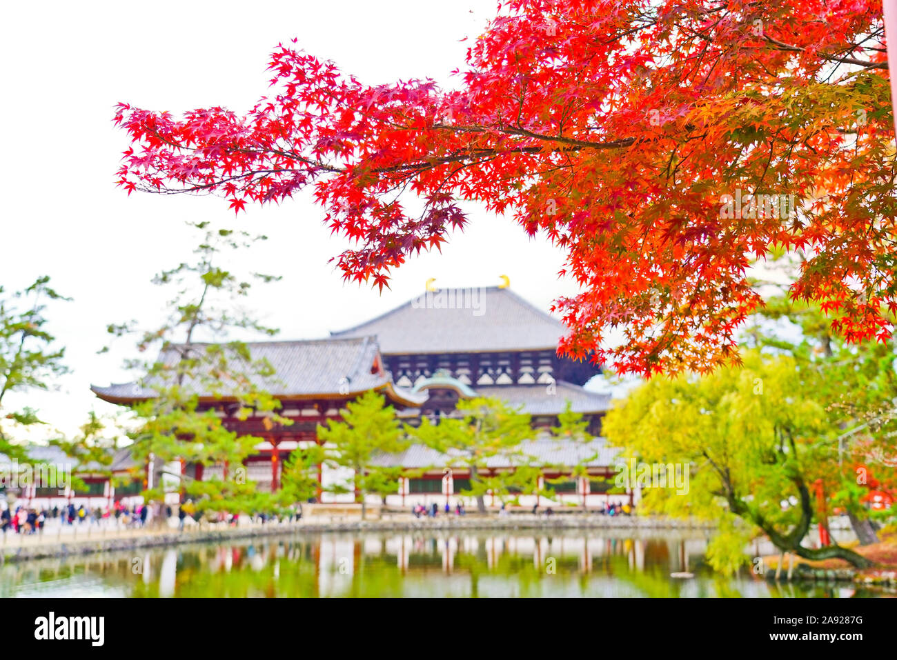 Blick auf die östlichen Großen Tempel an einem bewölkten Tag im Herbst in Nara, Japan. Stockfoto