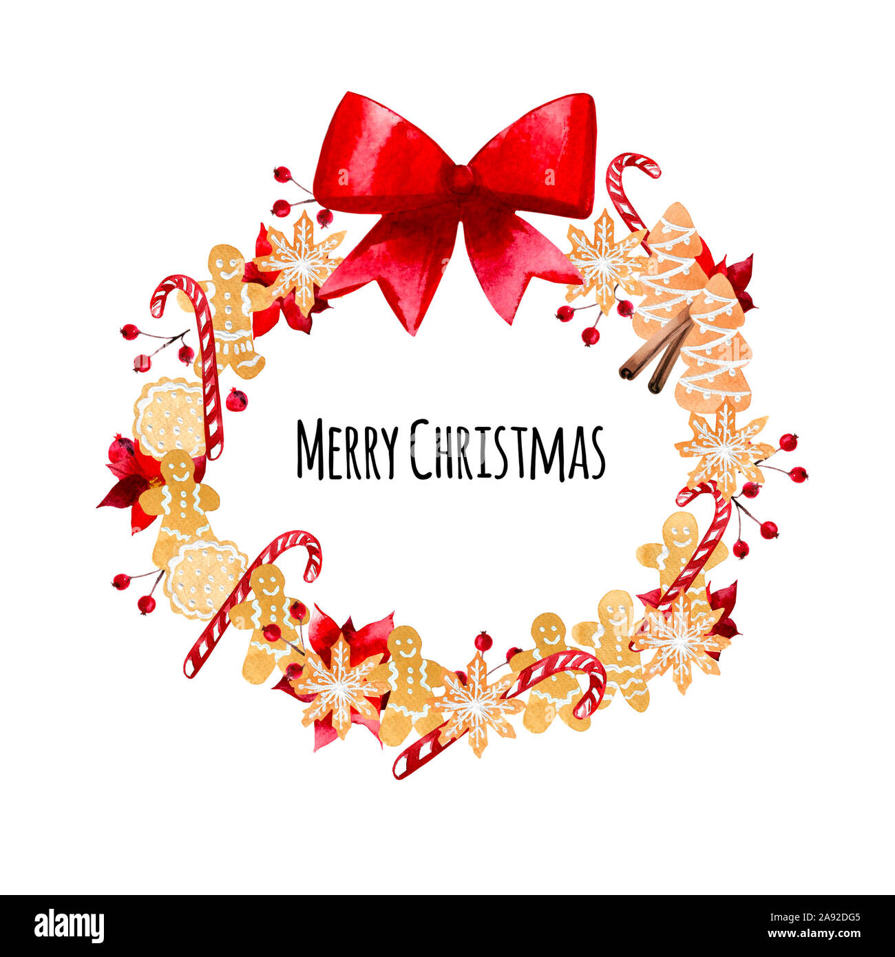 Aquarell-Weihnachtskranz mit roter Schleife auf weißem Hintergrund Stockfoto
